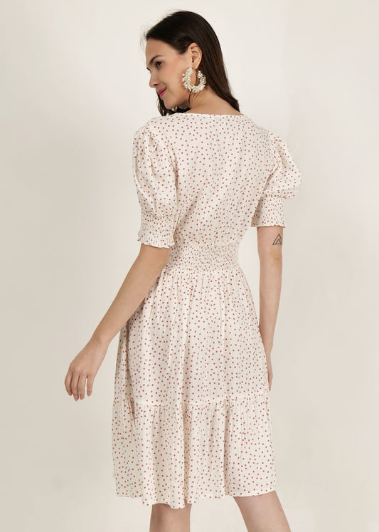 DRIRO V NECK RED DOTED MIDI DRESS