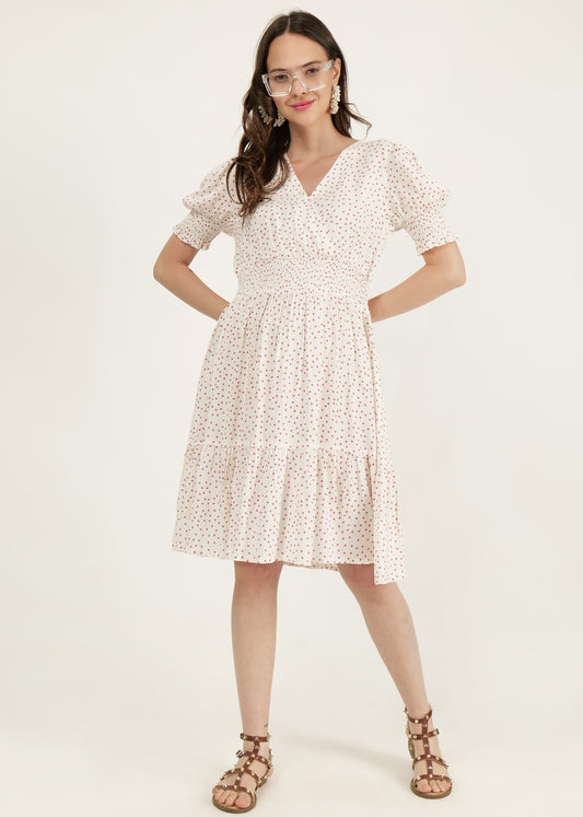 DRIRO V NECK RED DOTED MIDI DRESS