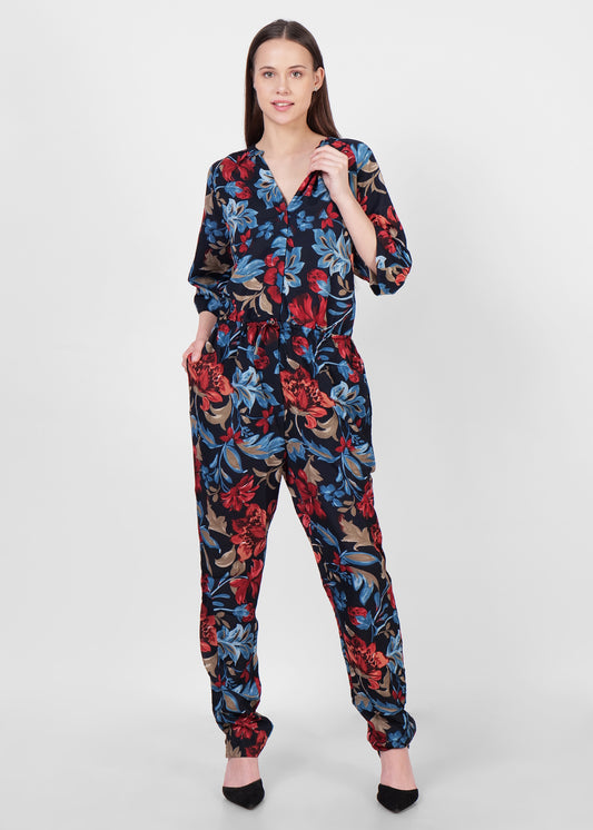Bold Floral Print Button-Down Jumpsuit