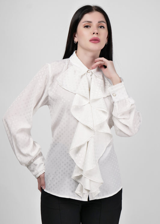 off white chique collar neck button down front ruffle shirt