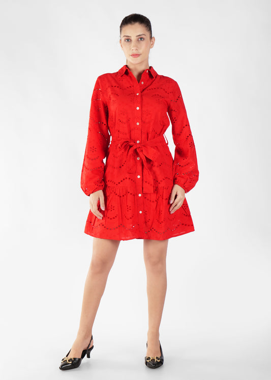 Self Design Shirt Collar Fit & Flare Cotton Mini Dress