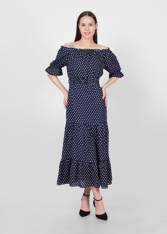 Polka Dot Print Off-Shoulder Puff Sleeve Fit & Flare Maxi Dress