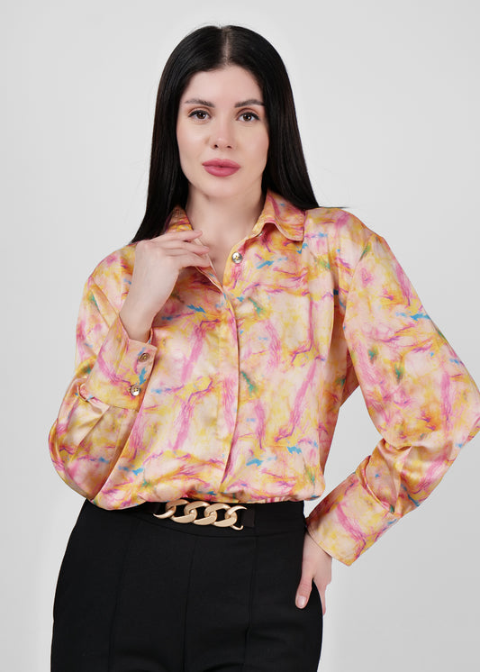 Women Premium Abstract Printed Spread Collar Cuffed Sleeves Satin Casual Shirt