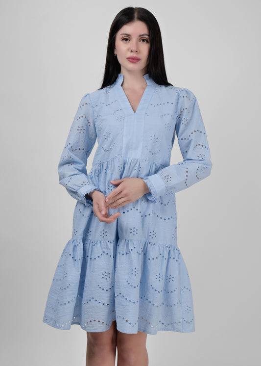 All over knee length tiered summer dress in all over embroidered fabric in cool blue