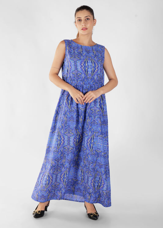 Blue Sleeveless Printed Maxi Dress