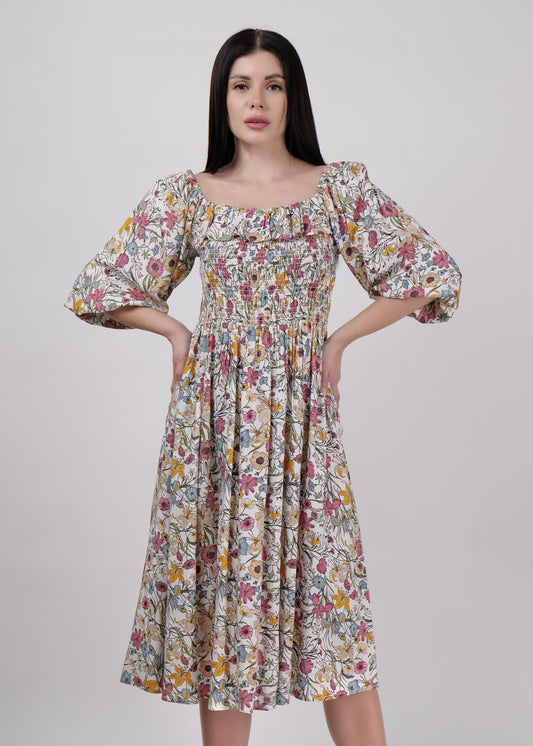 DRIRO Pretty floral smocked body bishop sleeve midi dress