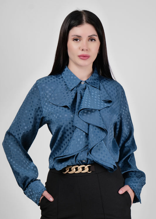 Teal chique collar neck button down front ruffle shirt