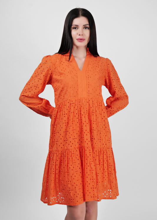 Driro Orange all over embroidered tiered day dress