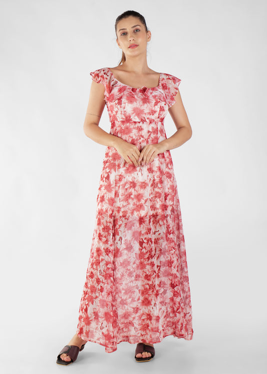 Floral Printed Cap Sleeves Fit & Flare Cotton Maxi Dress