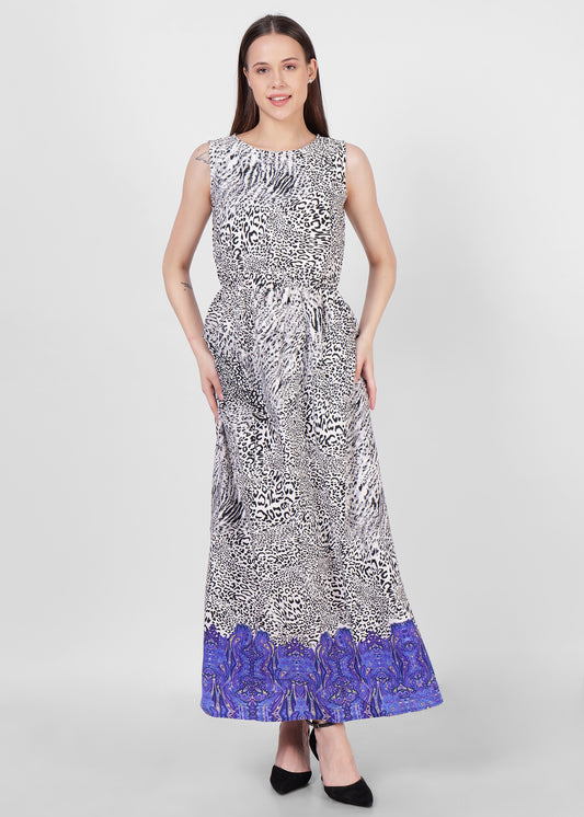 Elegant Animal Print Maxi Dress with Purple Border