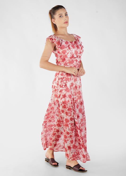 Floral Printed Cap Sleeves Fit & Flare Cotton Maxi Dress
