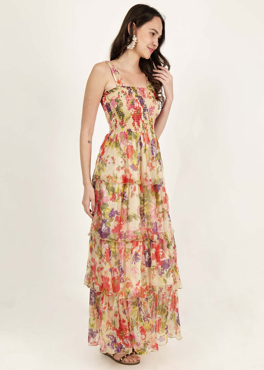 CHIFFON PRINTED FLARED DRESS WITH LINING