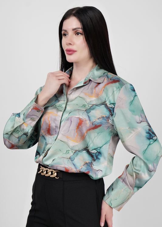 Premium Printed Spread Collar Cuffed Sleeves Satin Casual Shirt