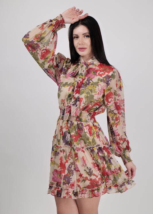 Boho chic pretty floral smocked waist mini dress