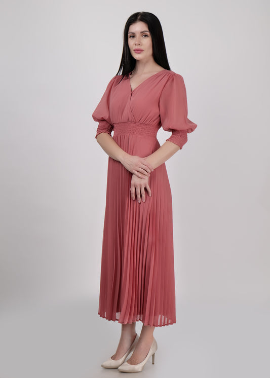 Light coral smocked waist pleated maxi dress