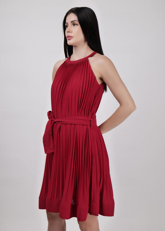 Red Halter neck belted knee length dress