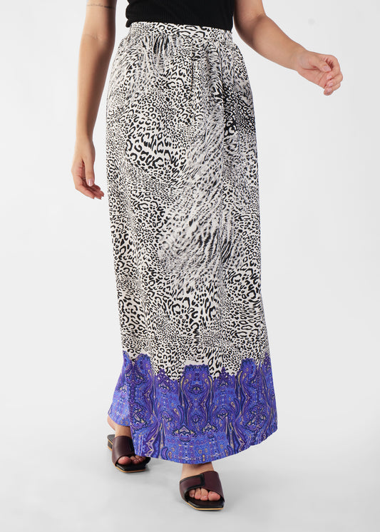 Animal Print Maxi Skirt with Blue Paisley Border