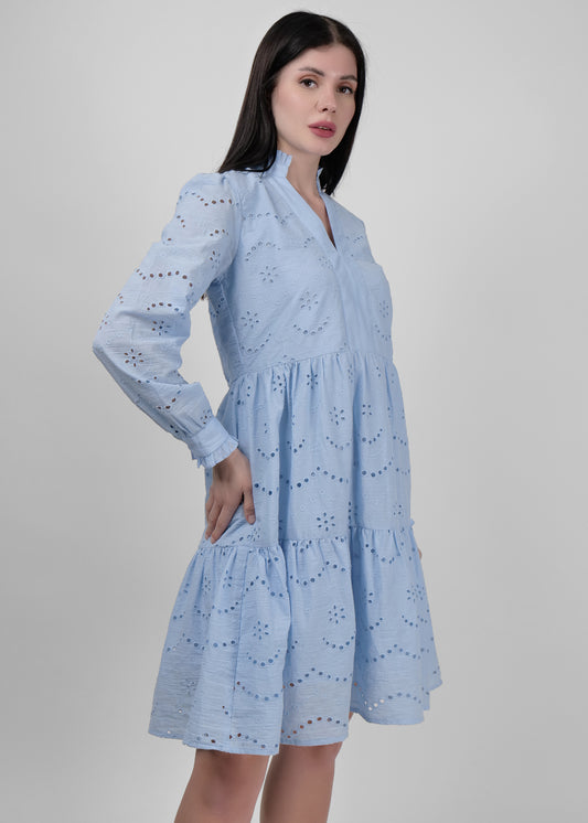 All over knee length tiered summer dress in all over embroidered fabric in cool blue