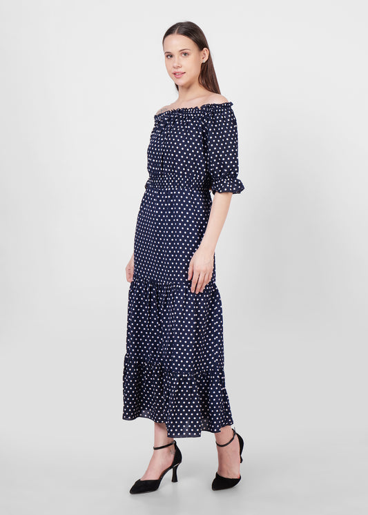 Polka Dot Print Off-Shoulder Puff Sleeve Fit & Flare Maxi Dress