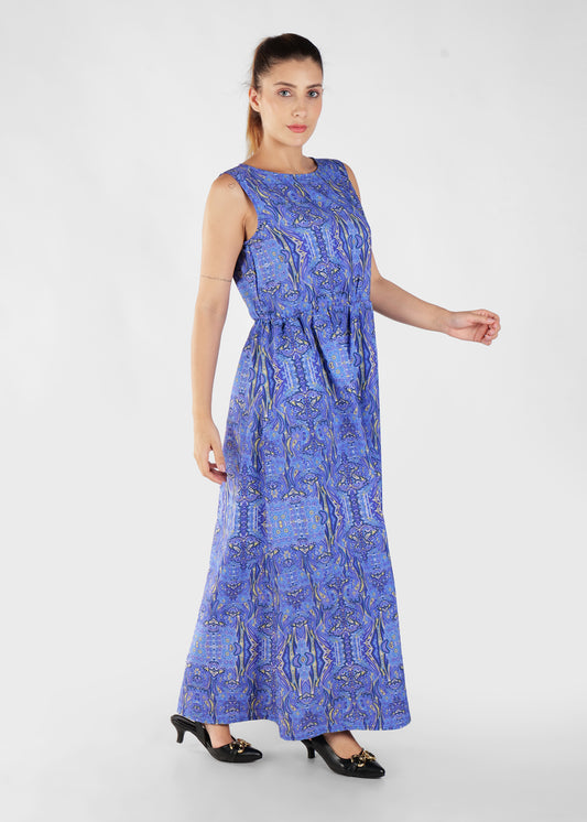 Blue Sleeveless Printed Maxi Dress