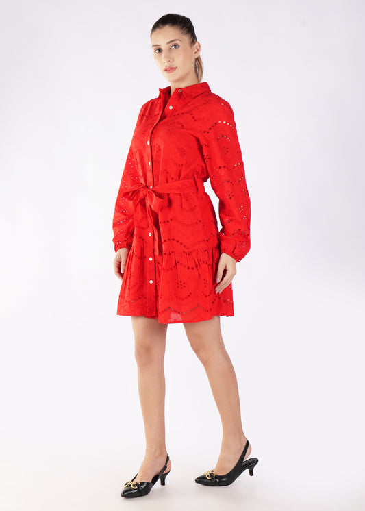 Self Design Shirt Collar Fit & Flare Cotton Mini Dress