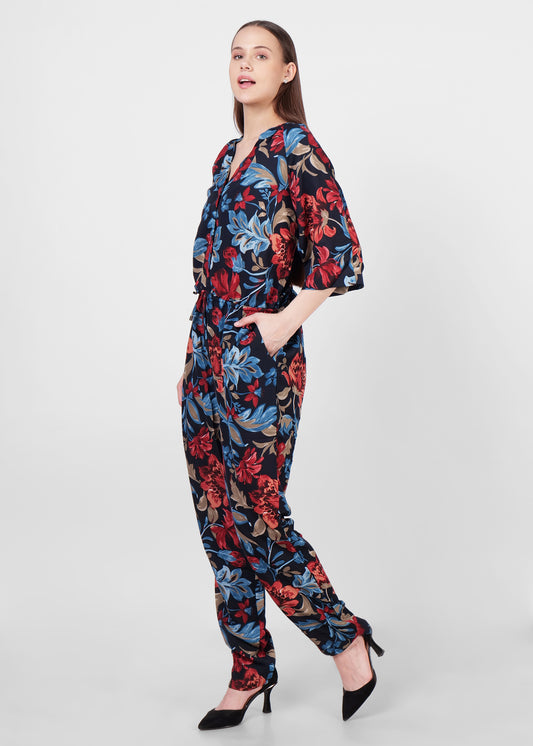 Bold Floral Print Button-Down Jumpsuit