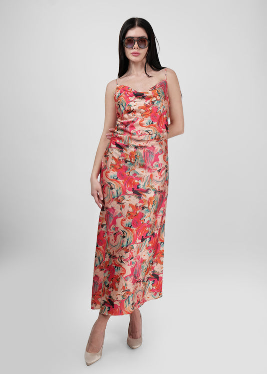 DRIRO Orange tangerine Satin cowl neck , biased cut midi slip dress