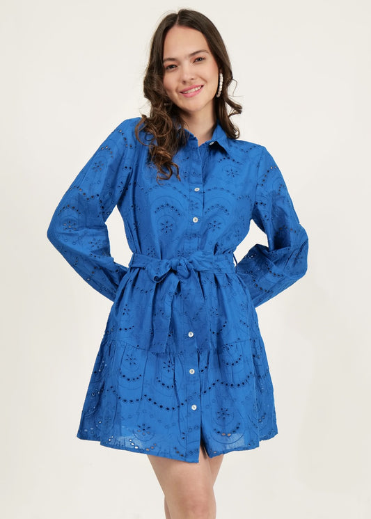 Schiffli Belted Cotton Shirt Dress