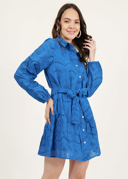 Schiffli Belted Cotton Shirt Dress