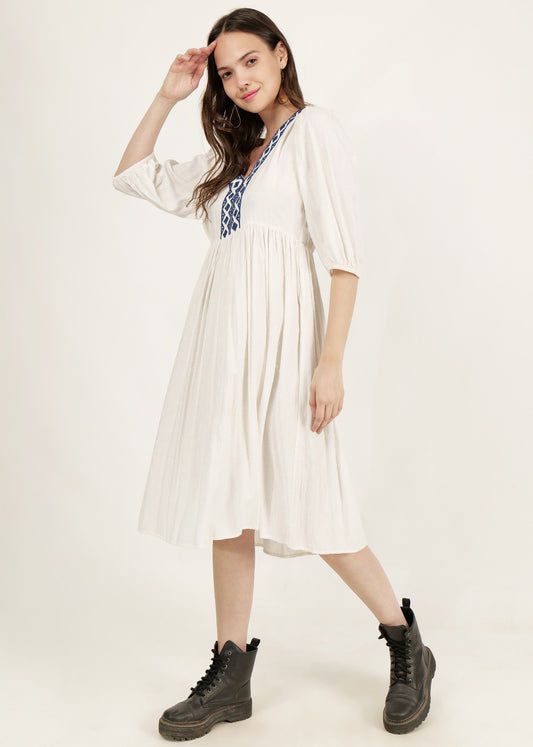 DRIRO V NECK FIT AND FLARE MIDI DRESS