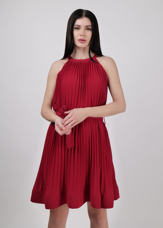 Red Halter neck belted knee length dress