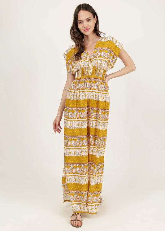 long dress with slit at side and smocked waist