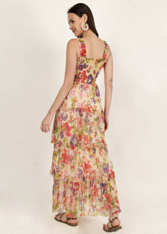 CHIFFON PRINTED  FLARED DRESS WITH LINING