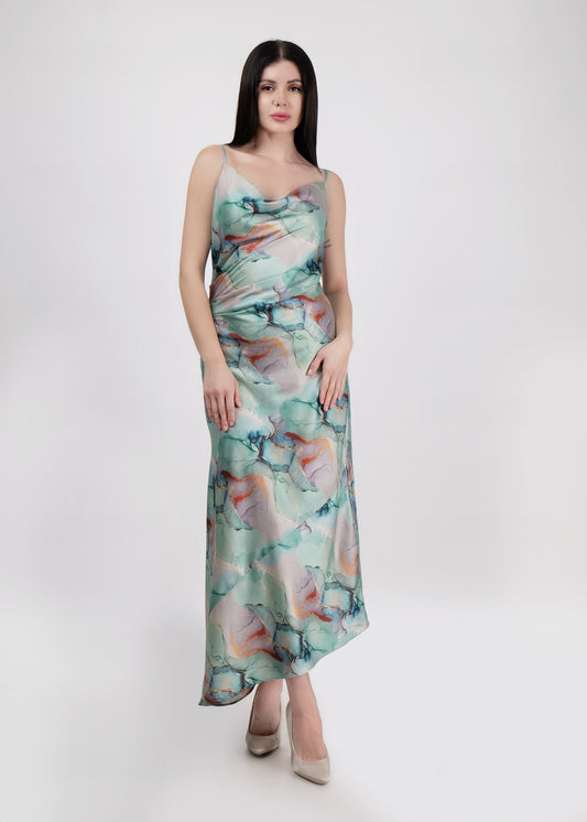 DRIRO Sage green Satin cowl neck , biased cut midi slip dress