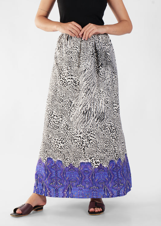 Animal Print Maxi Skirt with Blue Paisley Border