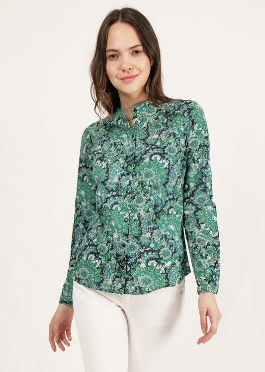 DRIRO Green Floral Printed Band Collar Pure Cotton Casual Shirt