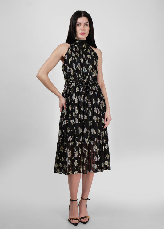 Black halter metallic jacquard dress