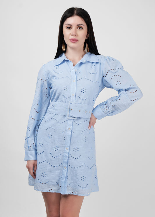 Ice blue all over embroidered dress with belt