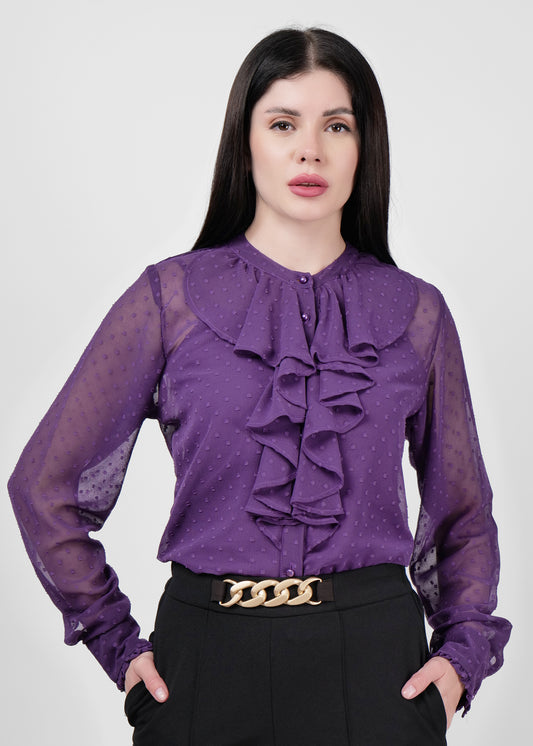 Purple chique collar neck button down front ruffle shirt