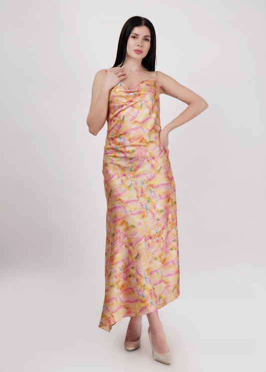 DRIRO Lemon yellow Satin cowl neck , biased cut midi slip dress