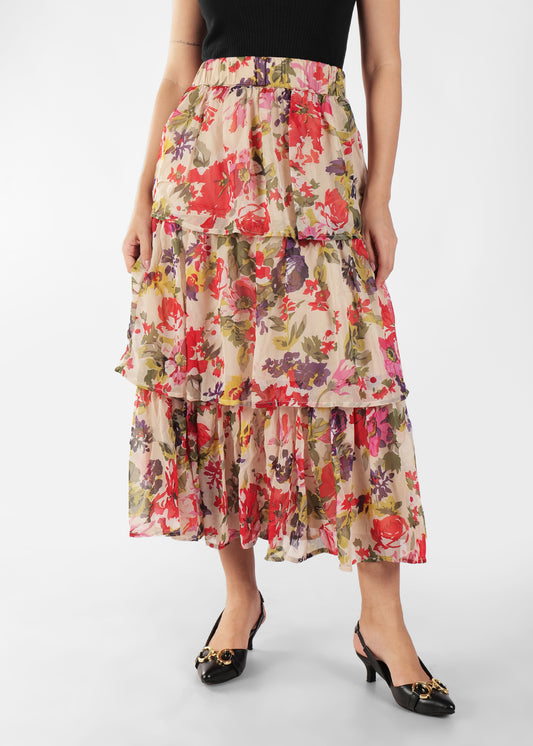 Floral Printed Layered Pure Cotton A-Line Midi Skirt