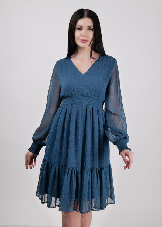 DRIRO Georgette teal smoked midi dress