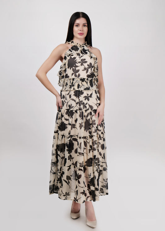 DRIRO Monochrome print maxi dress smoked details at waist