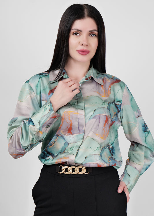 Premium Printed Spread Collar Cuffed Sleeves Satin Casual Shirt