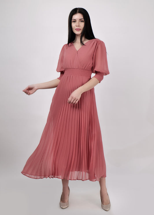 Light coral smocked waist pleated maxi dress