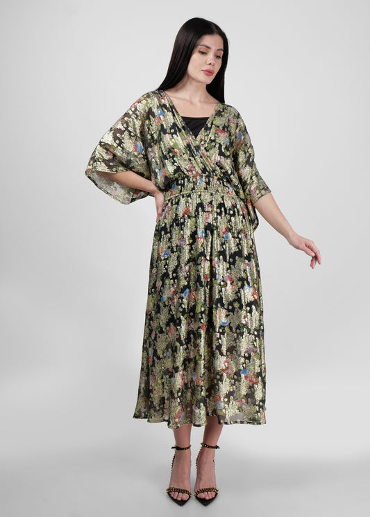 Mettalic Floral Kimono-Sleeve Dress