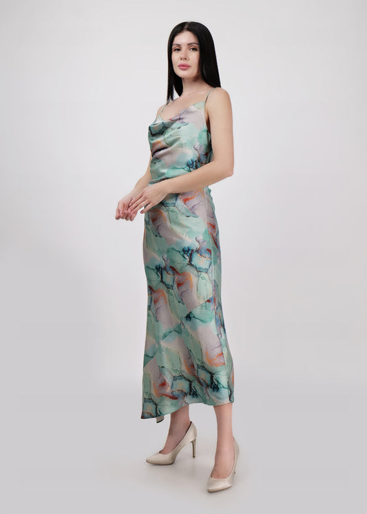 DRIRO Sage green Satin cowl neck , biased cut midi slip dress