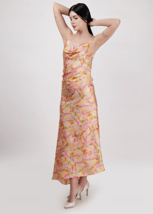 DRIRO Lemon yellow Satin cowl neck , biased cut midi slip dress