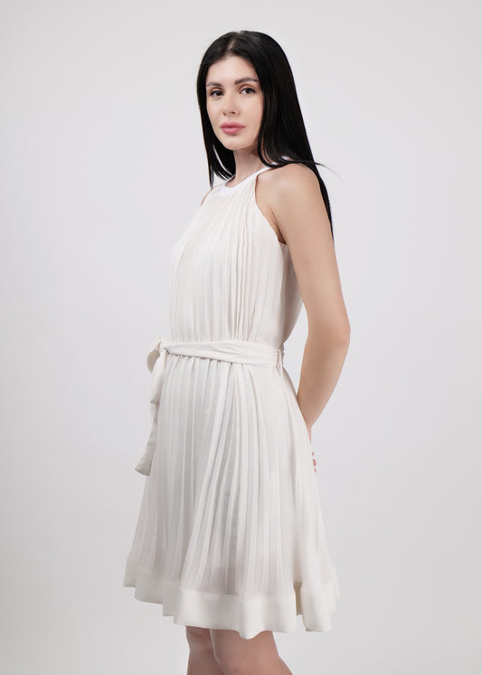 White Halter neck belted knee length dress