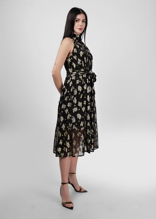 Black halter metallic jacquard dress